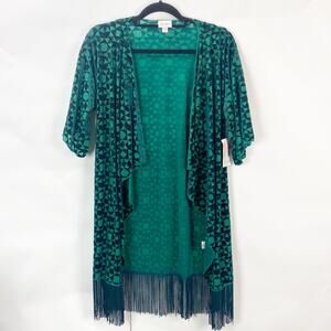 Lularoe NWT Small Womens Emerald Green Monroe Velvet Fringe Boho Open Cardigan